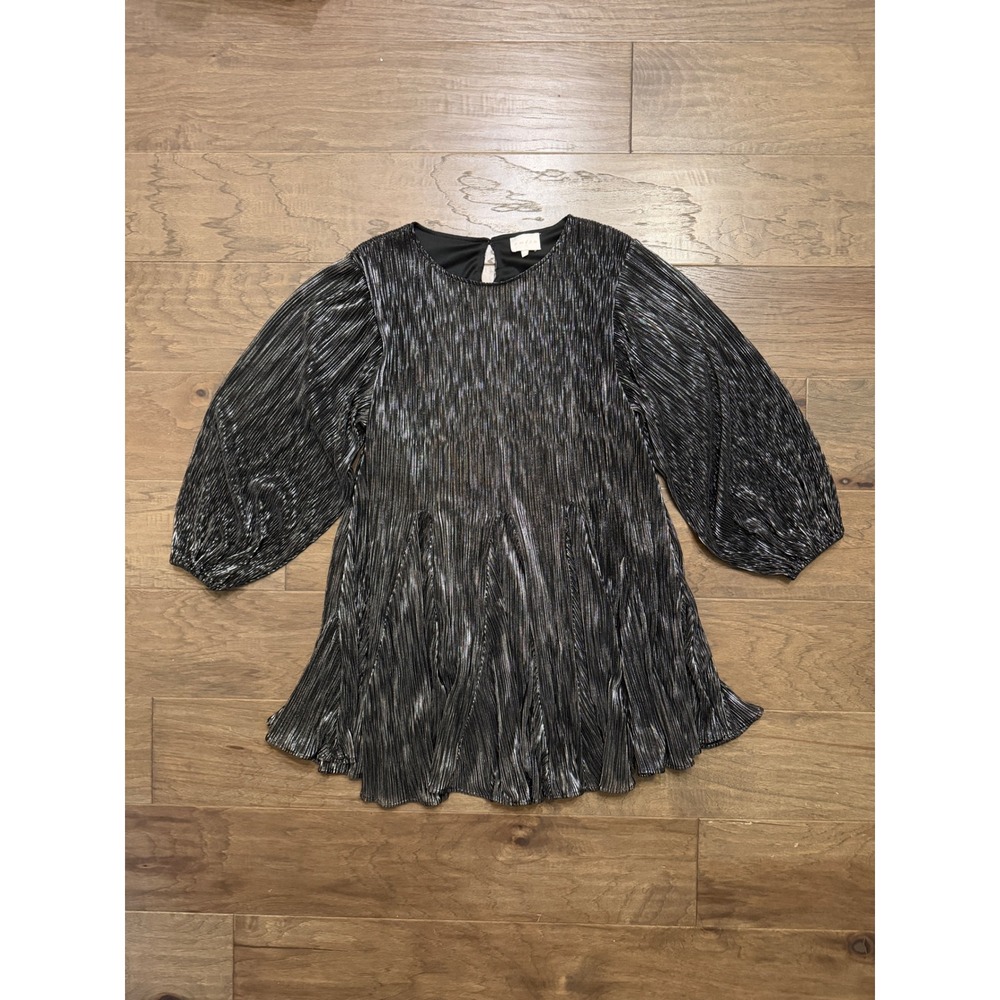 Entro Dress Womens Small Silver Black Metallic Pleated Balloon Sleeve Party